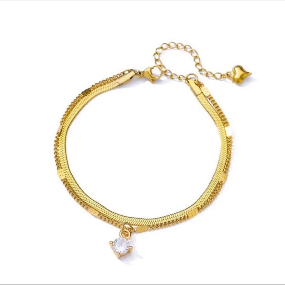 Simple gold plated 2 chain bracelet with swarovski elements